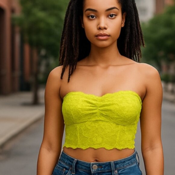 American Eagle Outfitters Women's M Cropped Tube Top Neon Green Lace Bra Support - Picture 1 of 5